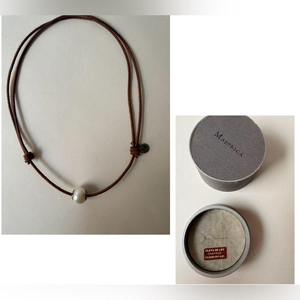 Majorica M1890 Pearl & Leather Cord Adjustable Choker